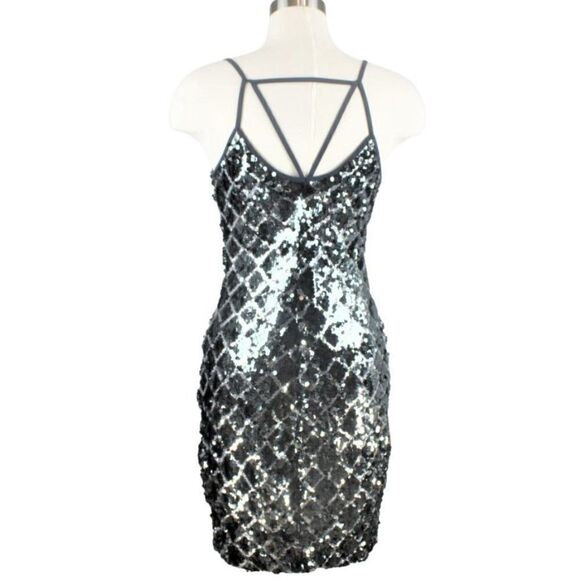 Dress Bodycon Strappy Silver Gray Black Sequin Mini Love + Air Size Medium - Picture 3 of 9